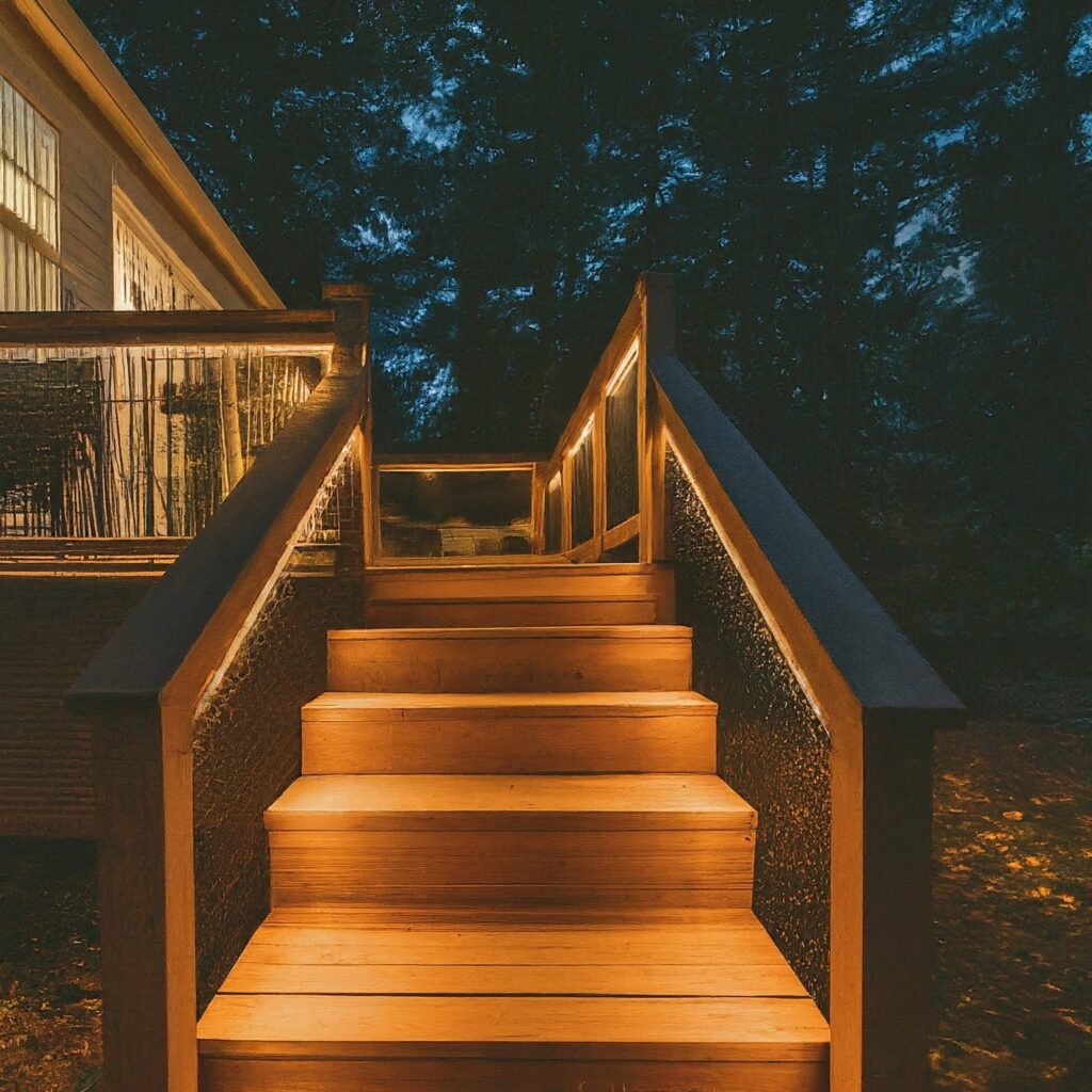 light up stairs leading up to wooden deck at night