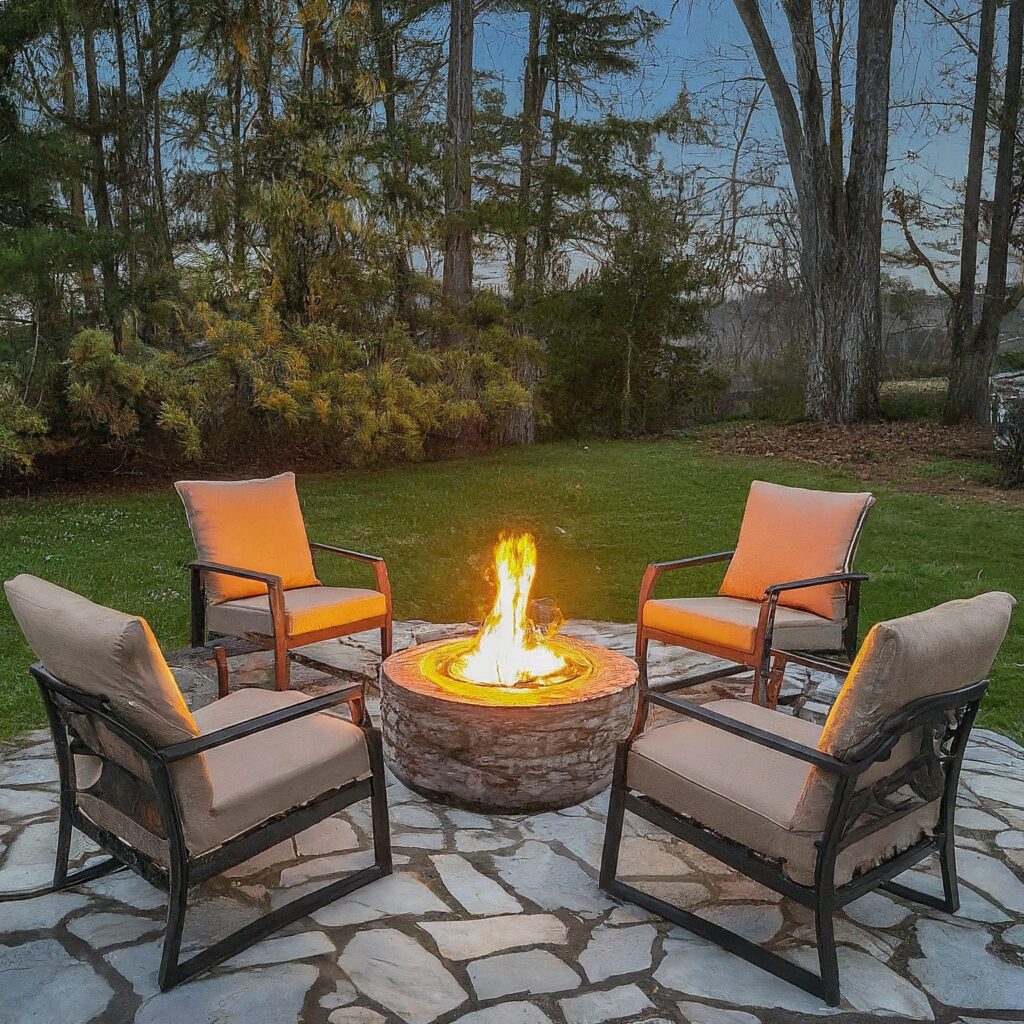 stone patio with fire-pit and matching chair sets