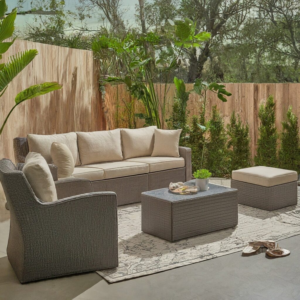 Outdoor night patio in daylight with wicker furniture 