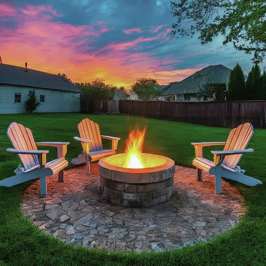 backyard fire-pit with Adirondack chairs and green lawn