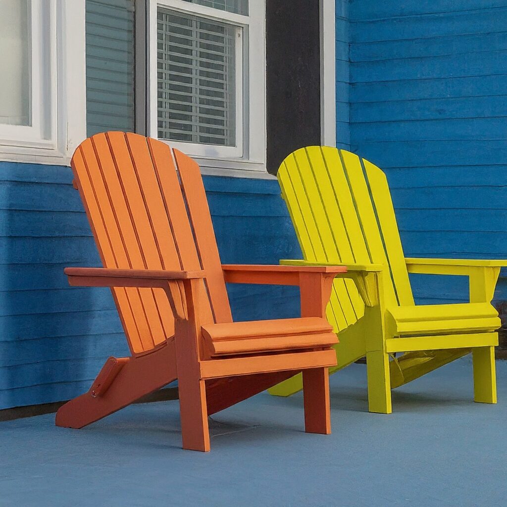 brightly colored Adirondack chairs on blue patio