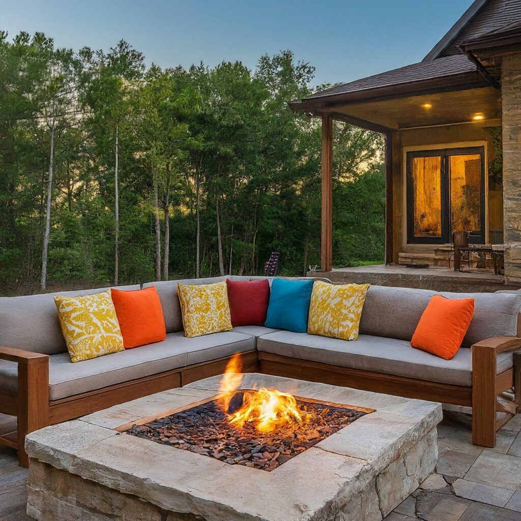 stone patio with fire pit and pillows on bench
