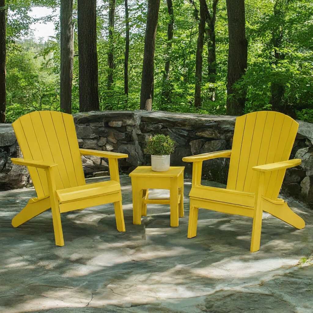 yellow outdoor furniture on stone patio in the woods
