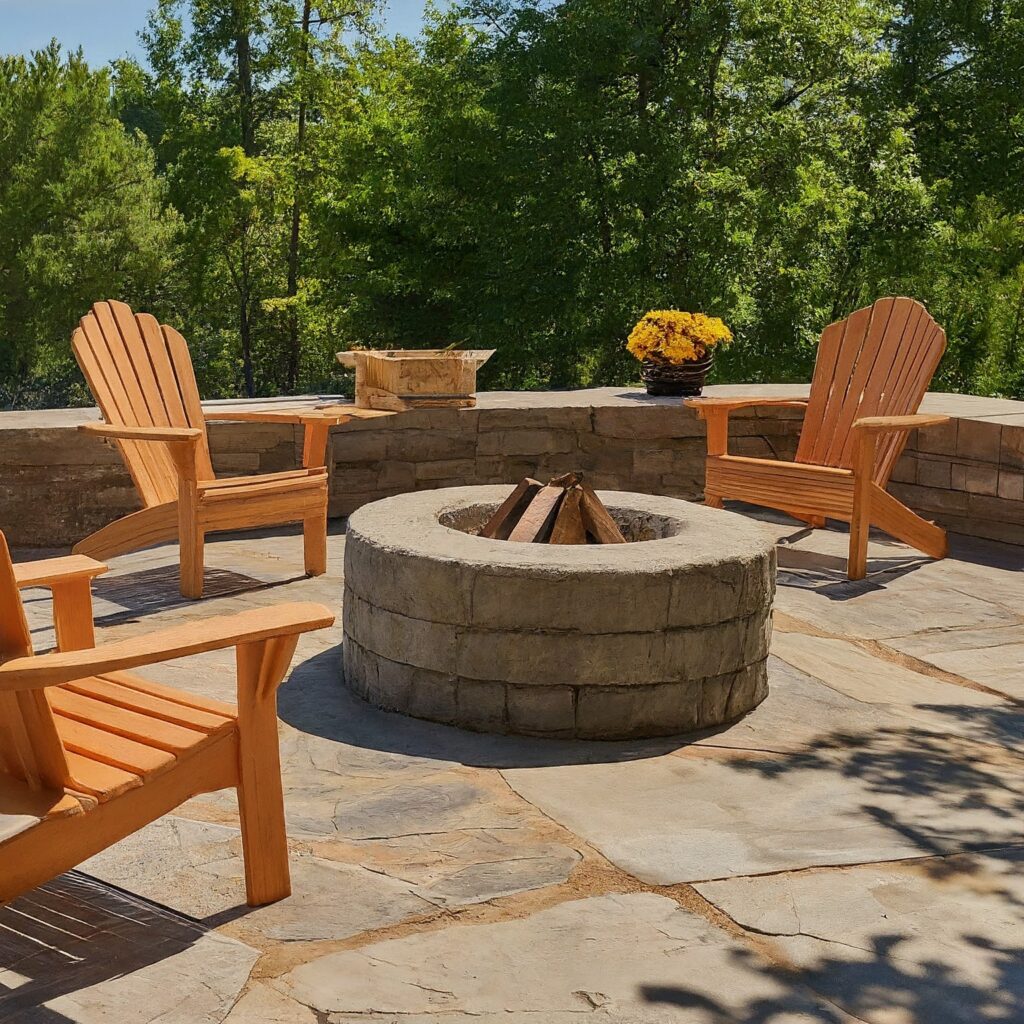 closed fire-pit on stone patio with wooden backyard furniture 