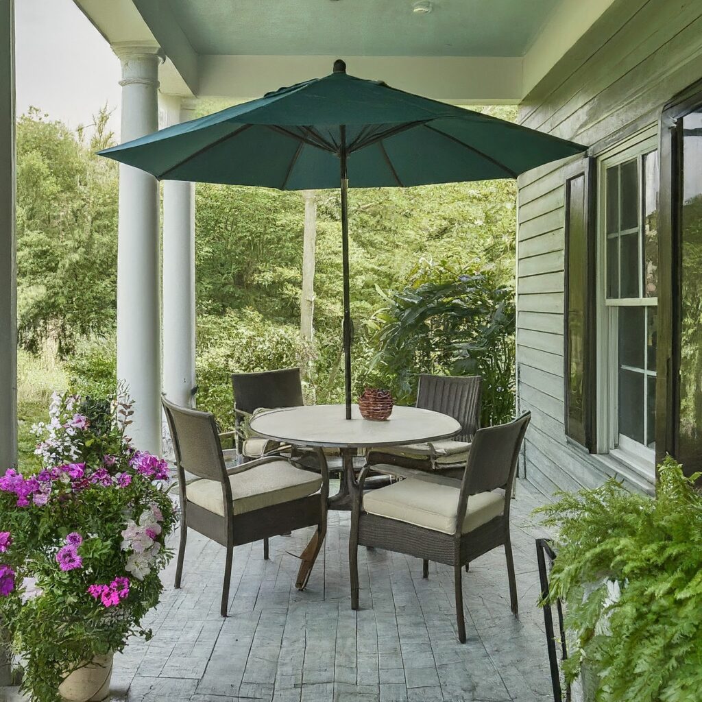 covered porch featuring table and chairs with umbrella