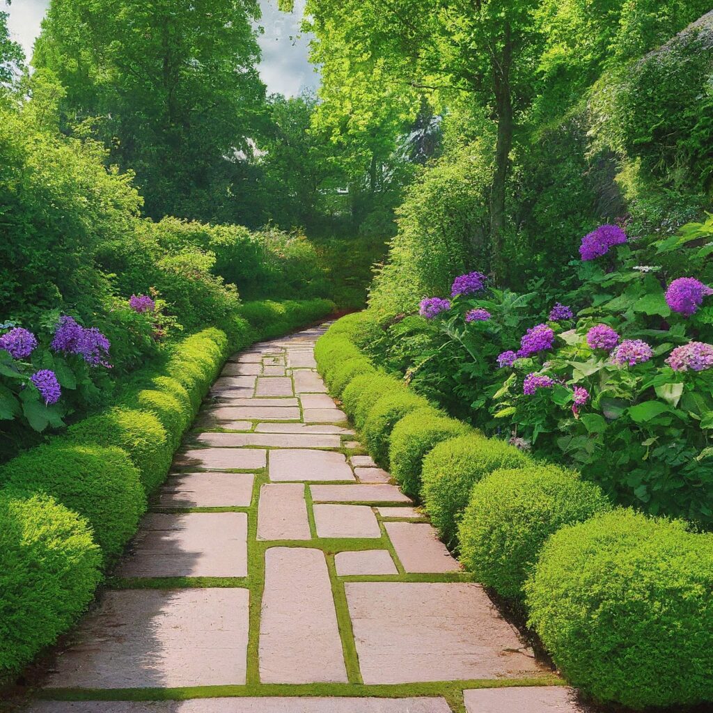 stone brick walkway with a green garden