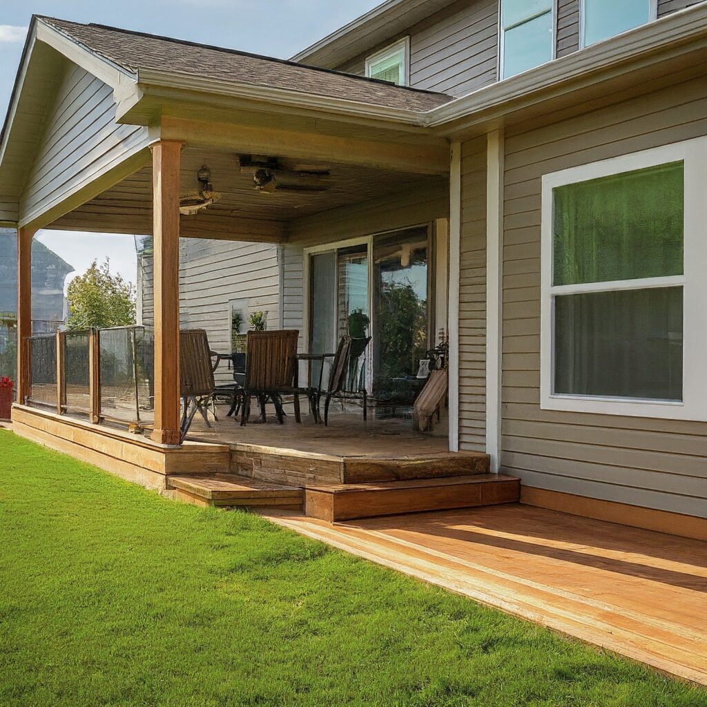 hybrid covered porch and deck with mowed yard