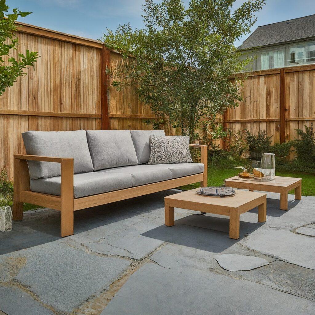 backyard shale patio with matching set of furniture
