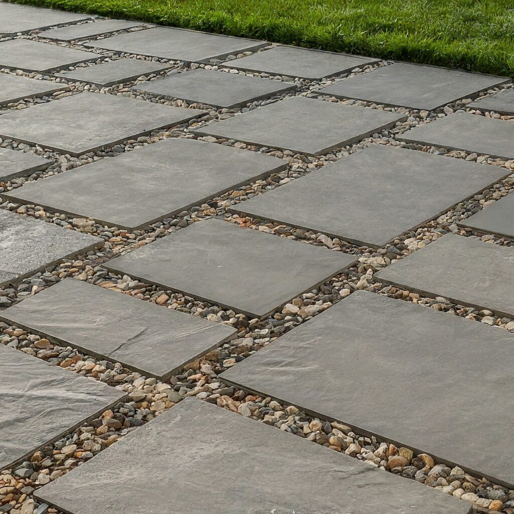 stone patio slabs with small rocks in between 