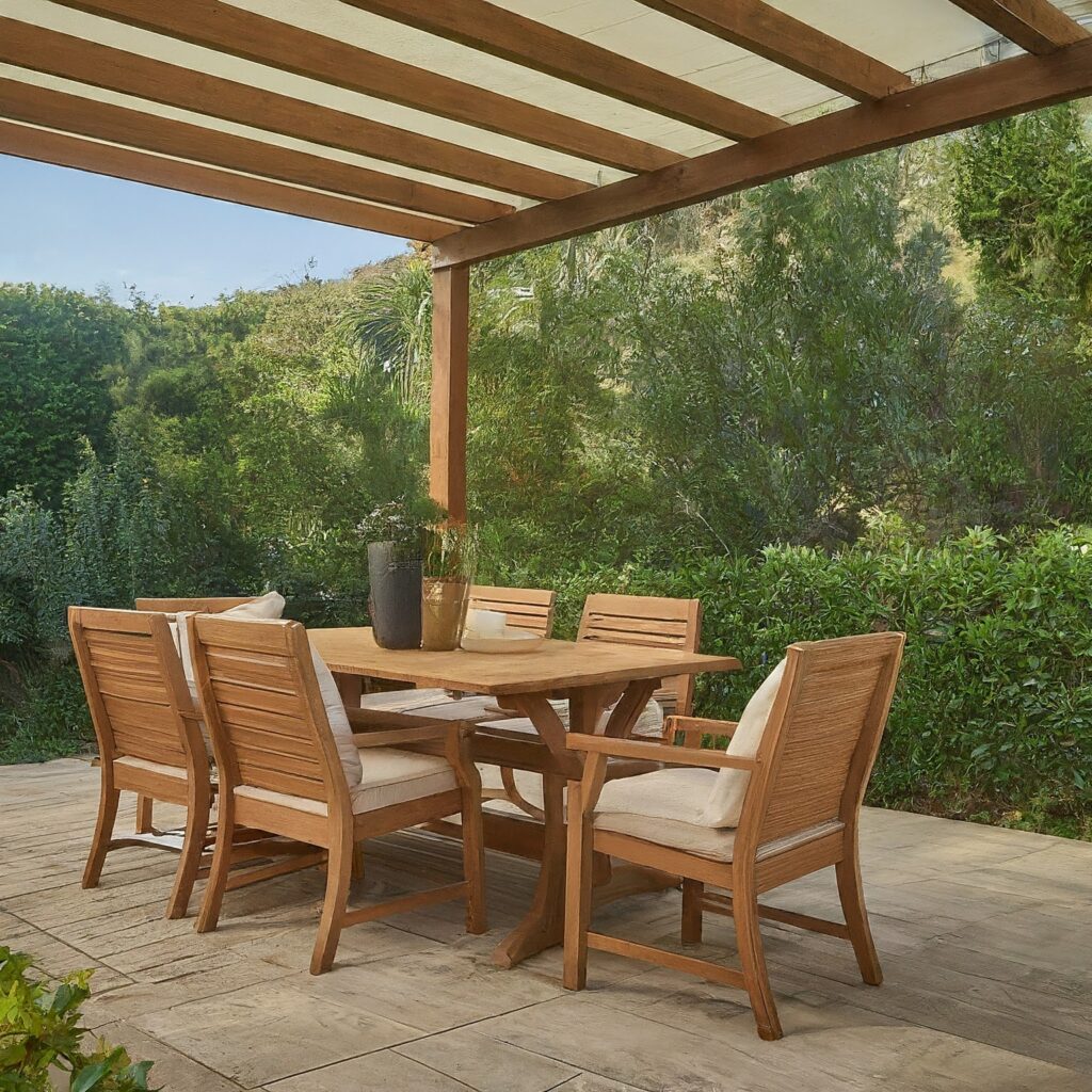 elegant partially covered patio with wooden table and chairs