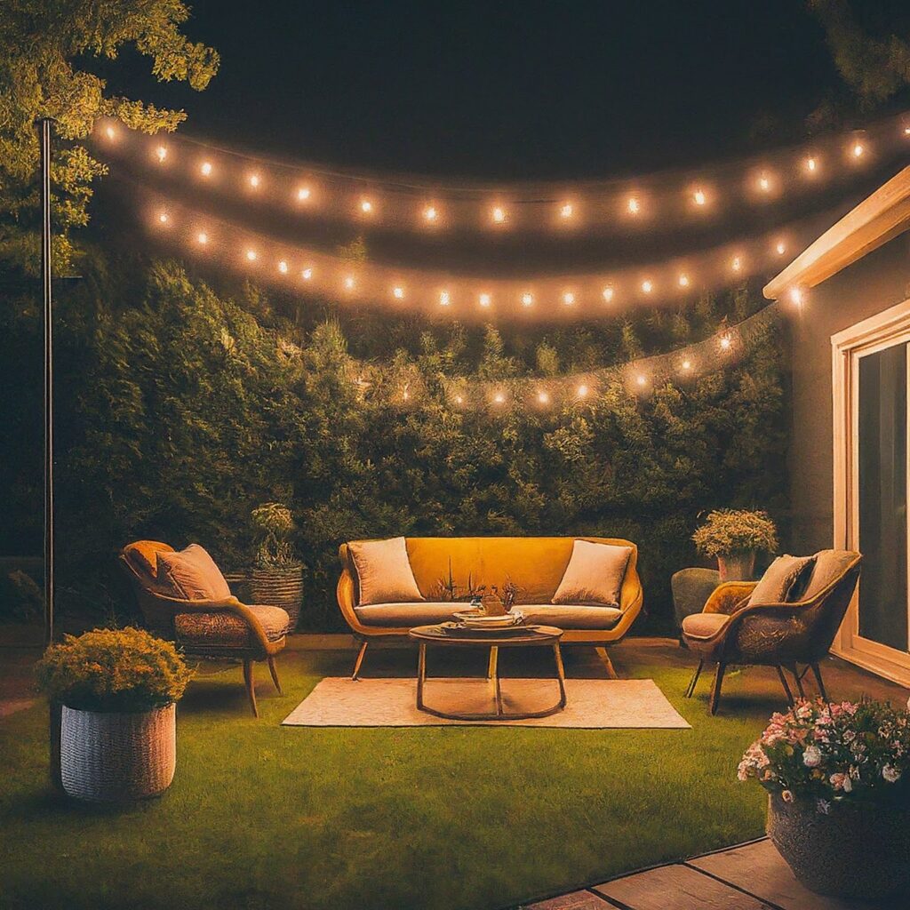 night time backyard with string lights and quirky chairs