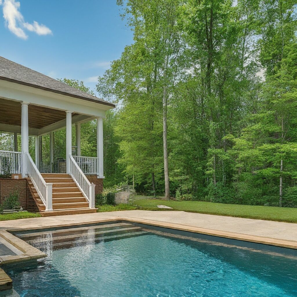 outdoor property overview with pool, covered porch, and stairs for custom decks