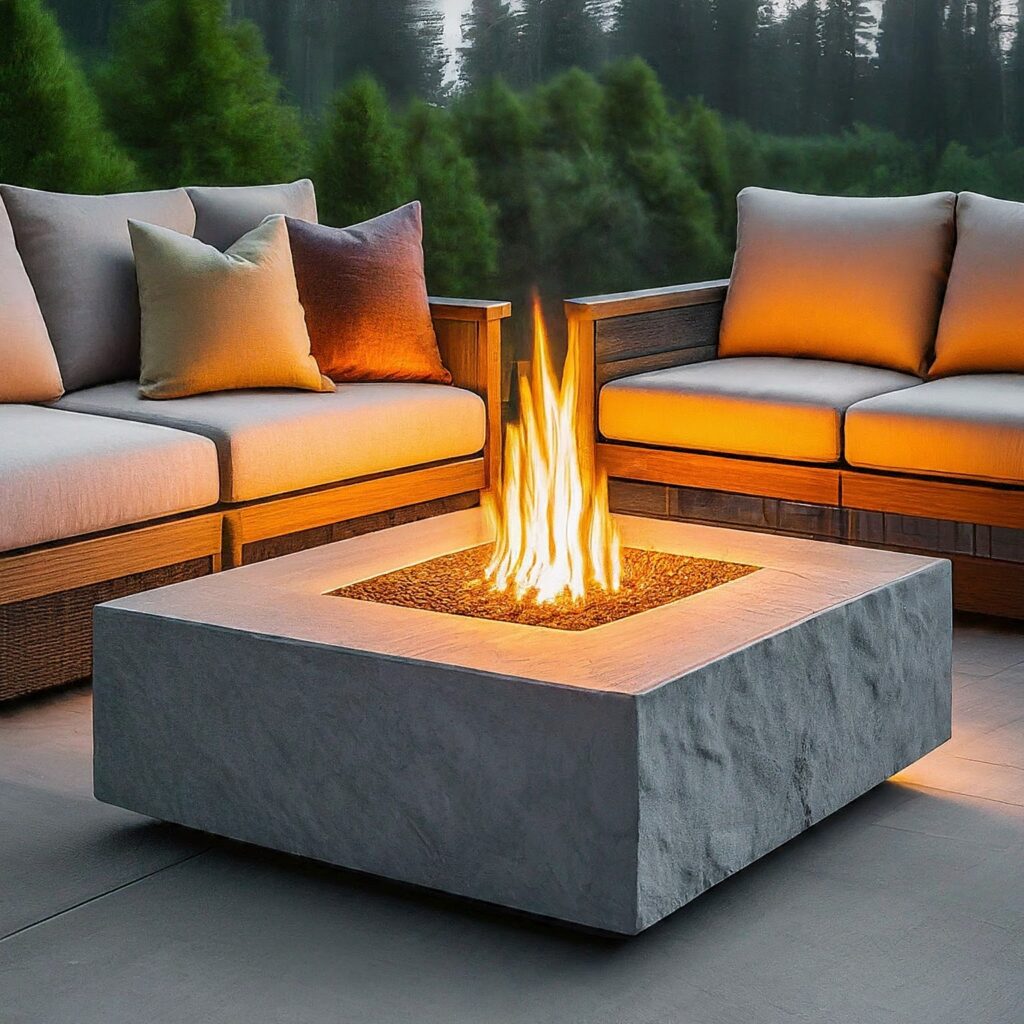couch and stone rectangular fire-pit
